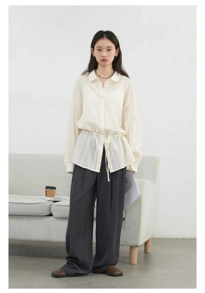 Women Shirt Textured Cotton Striped Waist Shirt Long Sleeves Female Sun Protection Blouses  Spring  Summer 2026