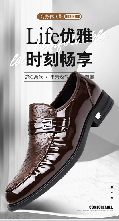 Men's Brown Crocodile Pattern Dress Shoes Patent Leather Slip-on Loafers Formal Business Wedding Oxfords for Men