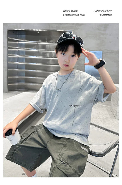 Summer Suit for Boy with Shorts Two Piece Clothing Set Kids Child Cotton Top and Bottom Clothes Set Casual Outfit Tracksuit 5-14