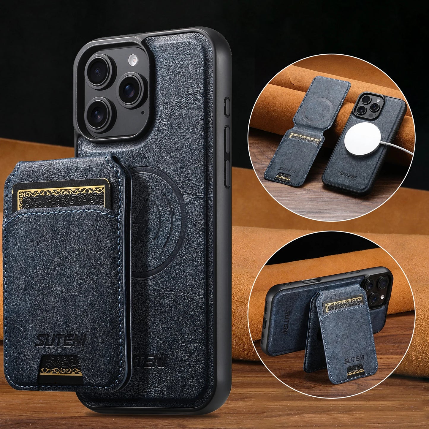 Wireless Charging Magnet PU Leather Phone Case Card Holder Stand For iPhone 17 Pro Max 16 Plus 15 Pro 13 12