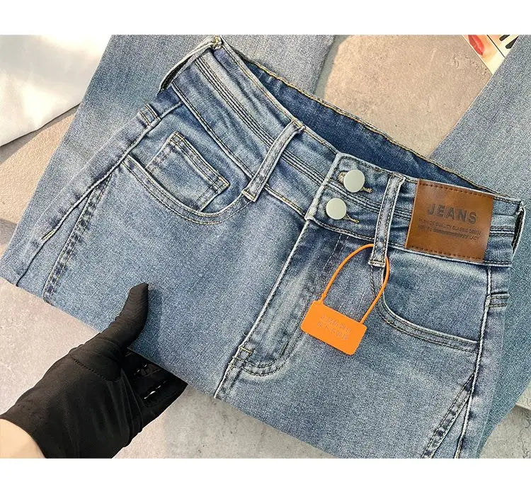 Women Autumn Y2K Slim Flared Denim Trouser Raw Edge Vintage Sexy Minimalist Pant Grunge High Waist Solid High Street Retro Jeans