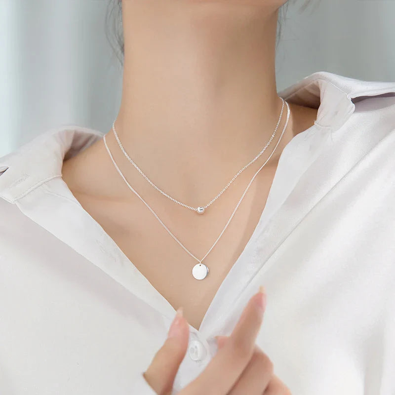 Simple Design Beads Ball Coin 925 Sterling Silver Pendant for Women Girl Double Layer Basic Chain Necklace Fine Jewelry