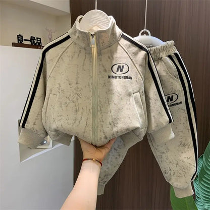 Children's Thick Clothing Boys Casual Set 2026 New Boys Long Sleeved Zipper Spring Autumn Cotton Kid Boy 2pcs Set Kids Outfits