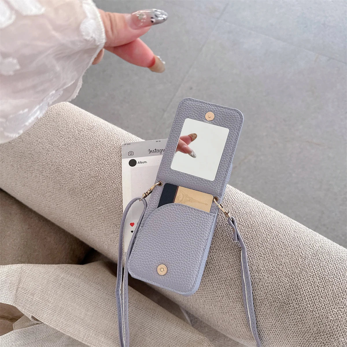 Crossbody Lanyard with Ring Card Holder Make up Mirror Wallet Phone Case for IPhone 17 Air 16E 15 14 Plus 13 12 11 Pro Max Cover
