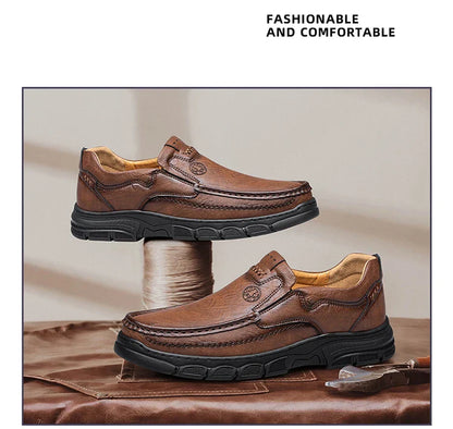 Men's Handmade Thick Rubber Bottom Breathable Casual Leather Shoes Classic Sewn Loafers Comfortable Leisure Footwear