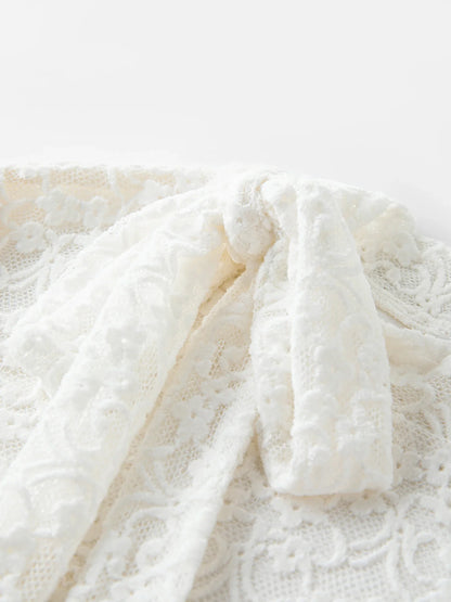 2025 Autumn Women's White Lace Crochet Knit Top Blouse Elegant Tied Front Y2K Retro Soft Pullover Sweet Off-Shoulder Shirt
