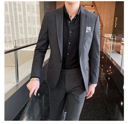 Men's Stylish Handsome Solid Color Suit Two-Piece Set M-4XL High Quality Formal Casual Banquet Fit Trousers Included
