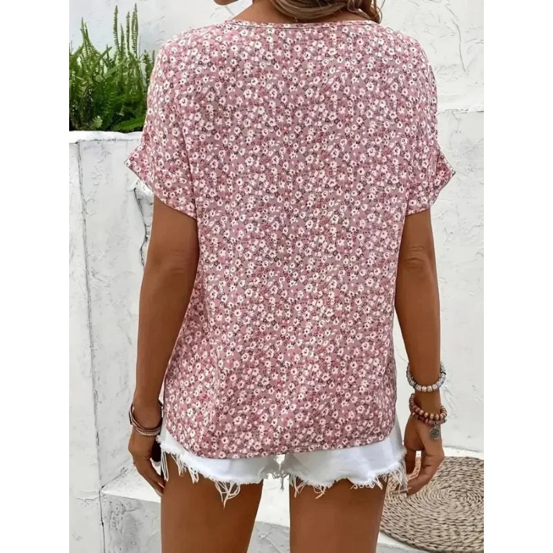 Plus Size Women's Shirts 2025 Spring Summer New Fashion Casual Floral Printing V-Neck Short Sleeve Blouses Korean Style Clothing