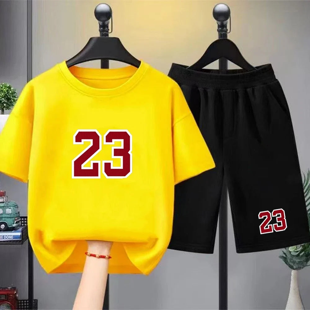 Kids T-shirt Basketball No. 23 Summer Round-Necked Print Boy Girls 3-12Years Top+Shorts Two-piece Set Simple Casual Handsome Set