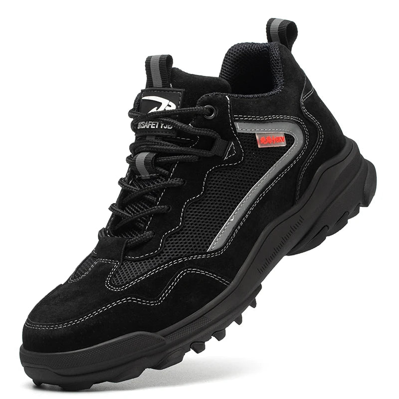 Reflective Strip Design Safety Work Shoes For Men Cow Suede Leather Indestructible Construction Boots Steel Toe Male Footwear