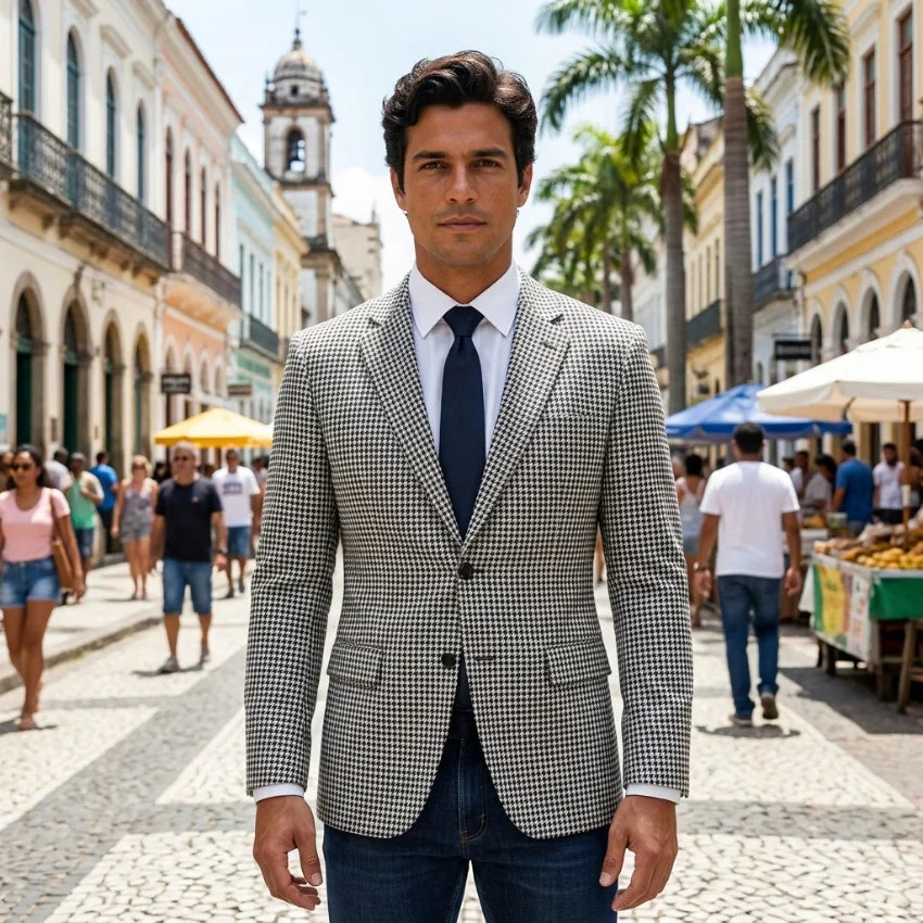 Plaid Men Blazer for Casual Party 1 Piece Slim Fit Suit Jacket Side Slit Houndstooth Check Style Notched Lapel Male Fashion Suit