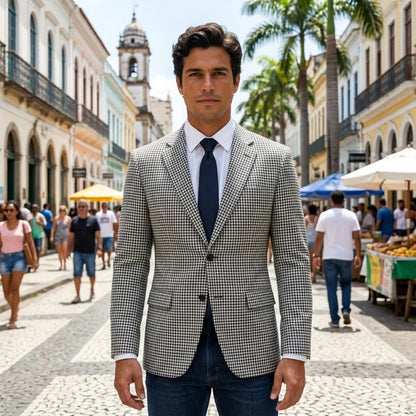 Plaid Men Blazer for Casual Party 1 Piece Slim Fit Suit Jacket Side Slit Houndstooth Check Style Notched Lapel Male Fashion Suit