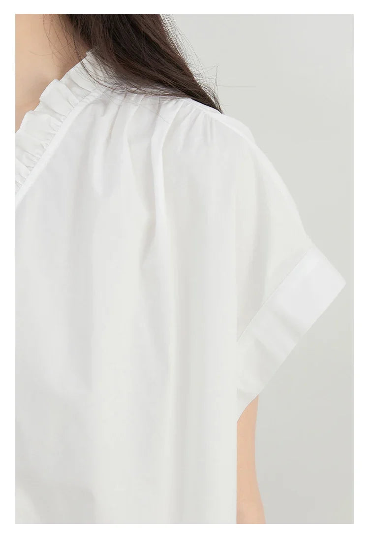 Women Shirts Loose Casual Cotton Ruffled Edge White Short Sleeved Shirt Female Blouses for Woman Summer 2025