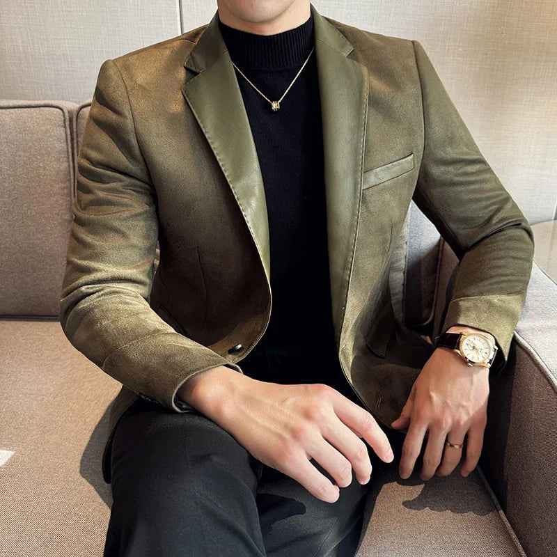 High Quality Deerskin Velvet Splicing Leather Collar Suit Blazers Men Casual Business Slim Coats Mens Social Wedding Clothing