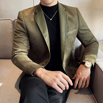High Quality Deerskin Velvet Splicing Leather Collar Suit Blazers Men Casual Business Slim Coats Mens Social Wedding Clothing