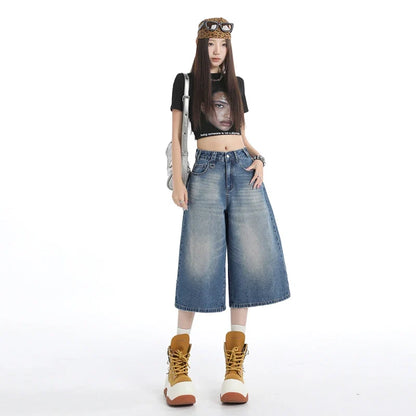 Women's American Vintage High Waist Denim Capri Design Sense Straight Leg Wide Leg Casual Shorts