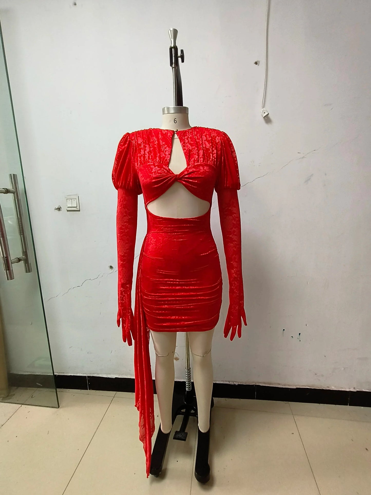 2024 New Fashion Red White Women Gloves Sexy Bodycon Mini Draped Dress Nightclub Party Bar Singer Birthday Celebrate Dress