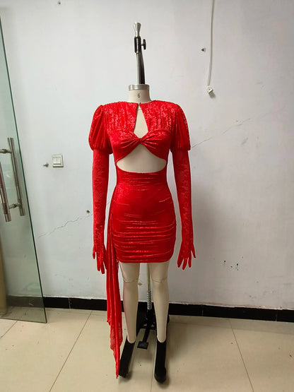 2024 New Fashion Red White Women Gloves Sexy Bodycon Mini Draped Dress Nightclub Party Bar Singer Birthday Celebrate Dress