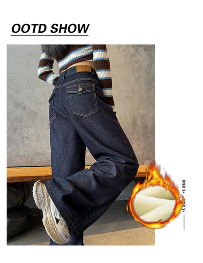 Wide Legs Fleece Jeans Women Winter Loose Velvet Casual Pants Comfortable Warm Straight Fashion Pocket Plush Denim Trousers