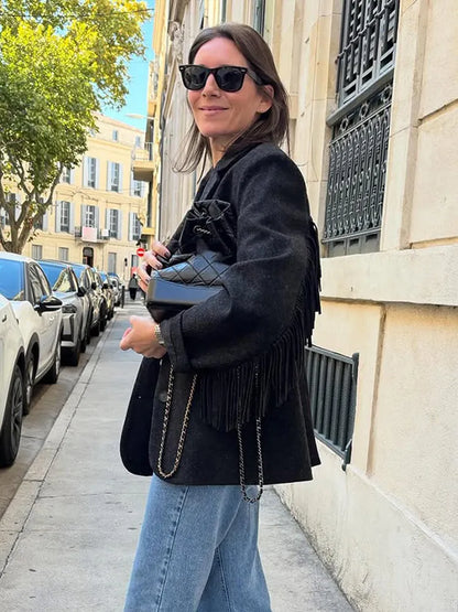 Tassels Woolen Suit Jacket Women Elegant Turn-down Collar Long Sleeve Single Breasted Pocket Autumn Winter Coats New Outerwears