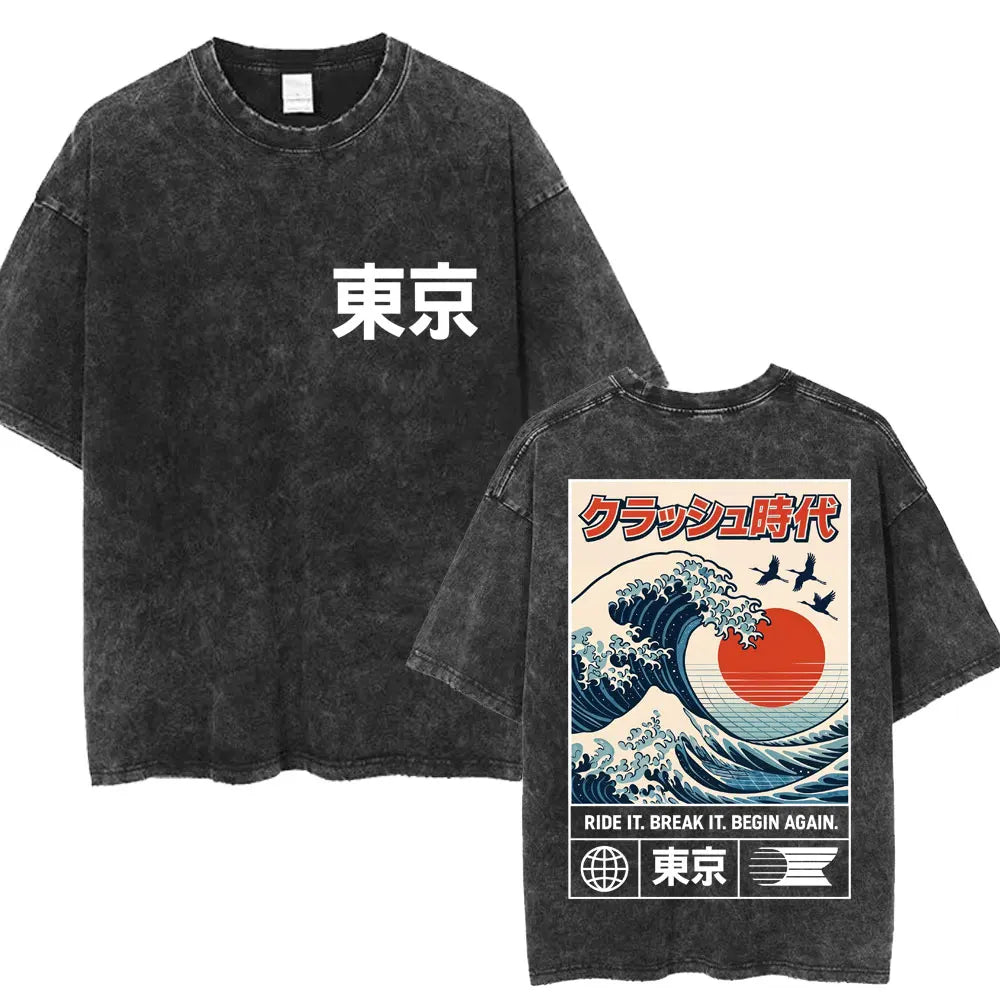 Japanese Tokyo Tokyo Culture Print Washed T Shirt Funny Fashion Vintage Men Women T-shirts Cotton Casual Loose Tees Streetwear