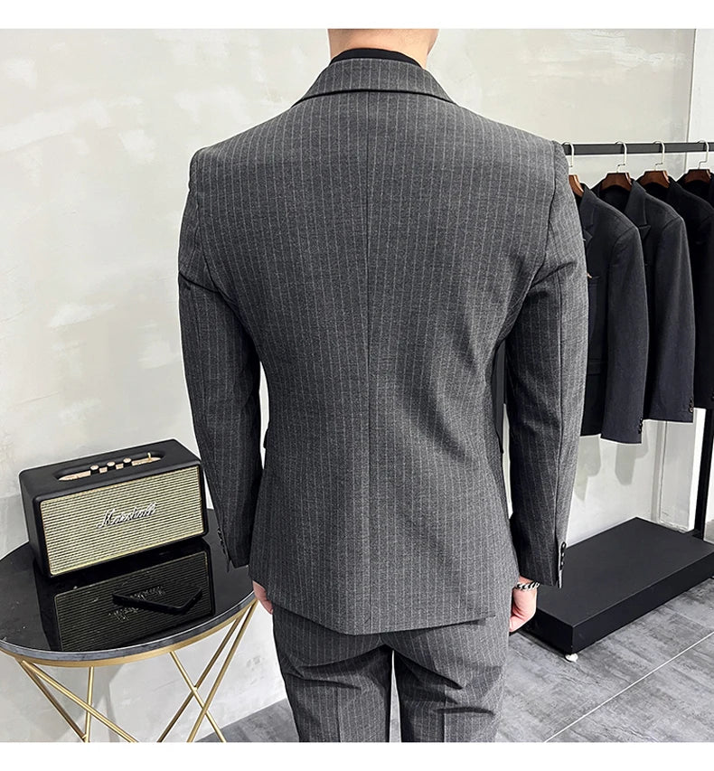 M-7XL ( Blazer + Pants ) Luxury Classic Striped Men's Official Office Casual Business Double -breasted Suit Groom Wedding Gown