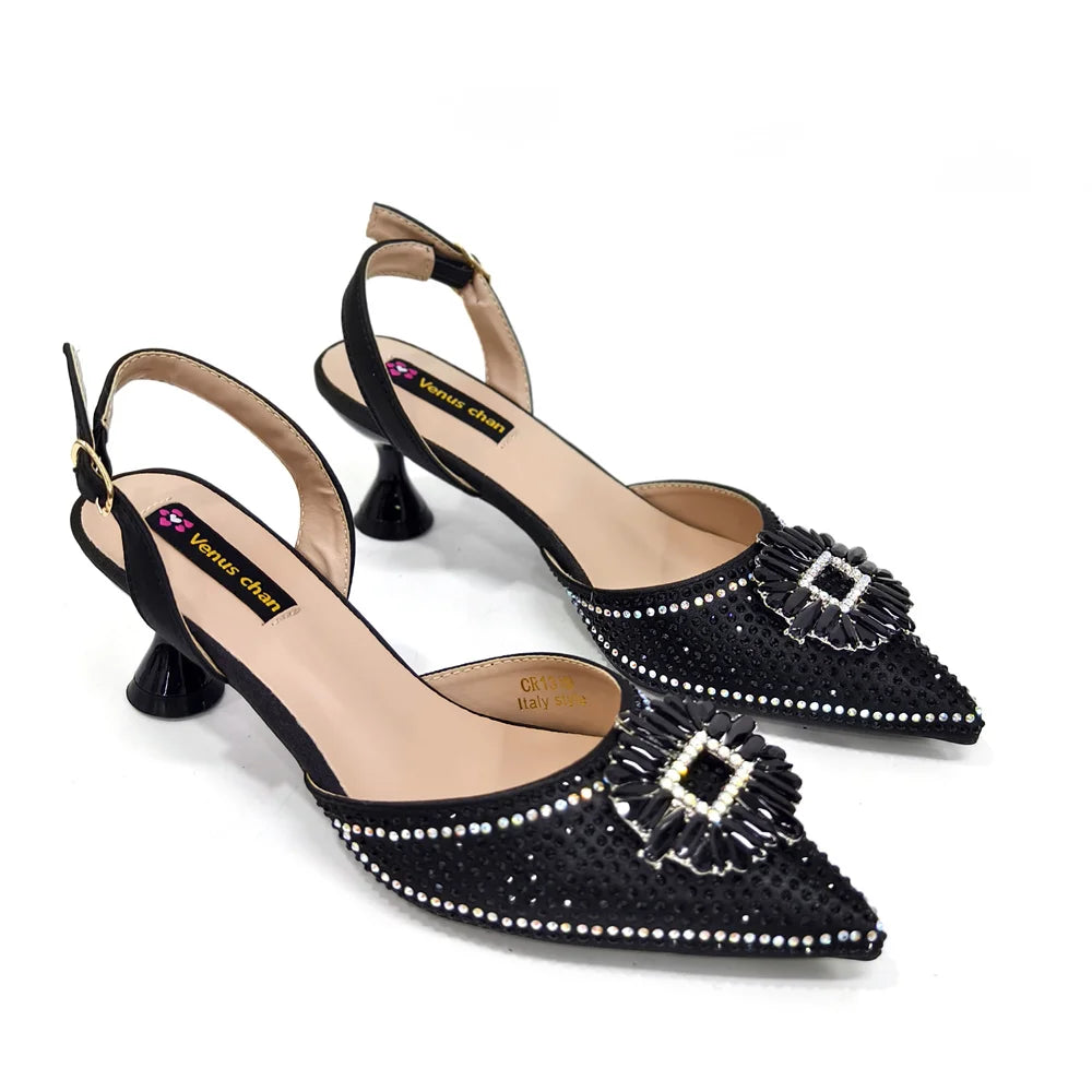 Elegant Nigerian Women’s Italian Design Black Heels and Handbag Set With Rhinestone Accents for Wedding and Party
