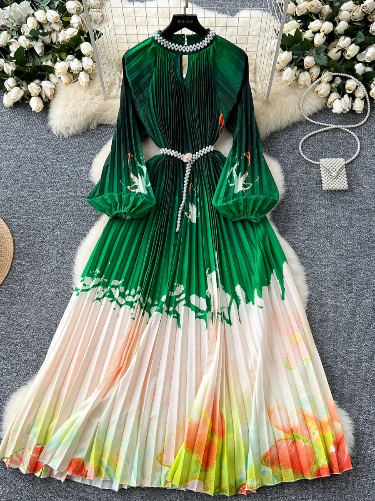 Ele High-End Women's Dr Faionable Beaded round Ne Hollow out Pleated Lantern Sve Waist Cinched Floral Print Lon...