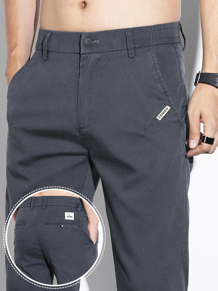 Thin Men's Pants Spring Summer Straight Casual Pants Lyocell Fabric Fashion Slim Stretch Korean Trousers Solid Color 2025 New