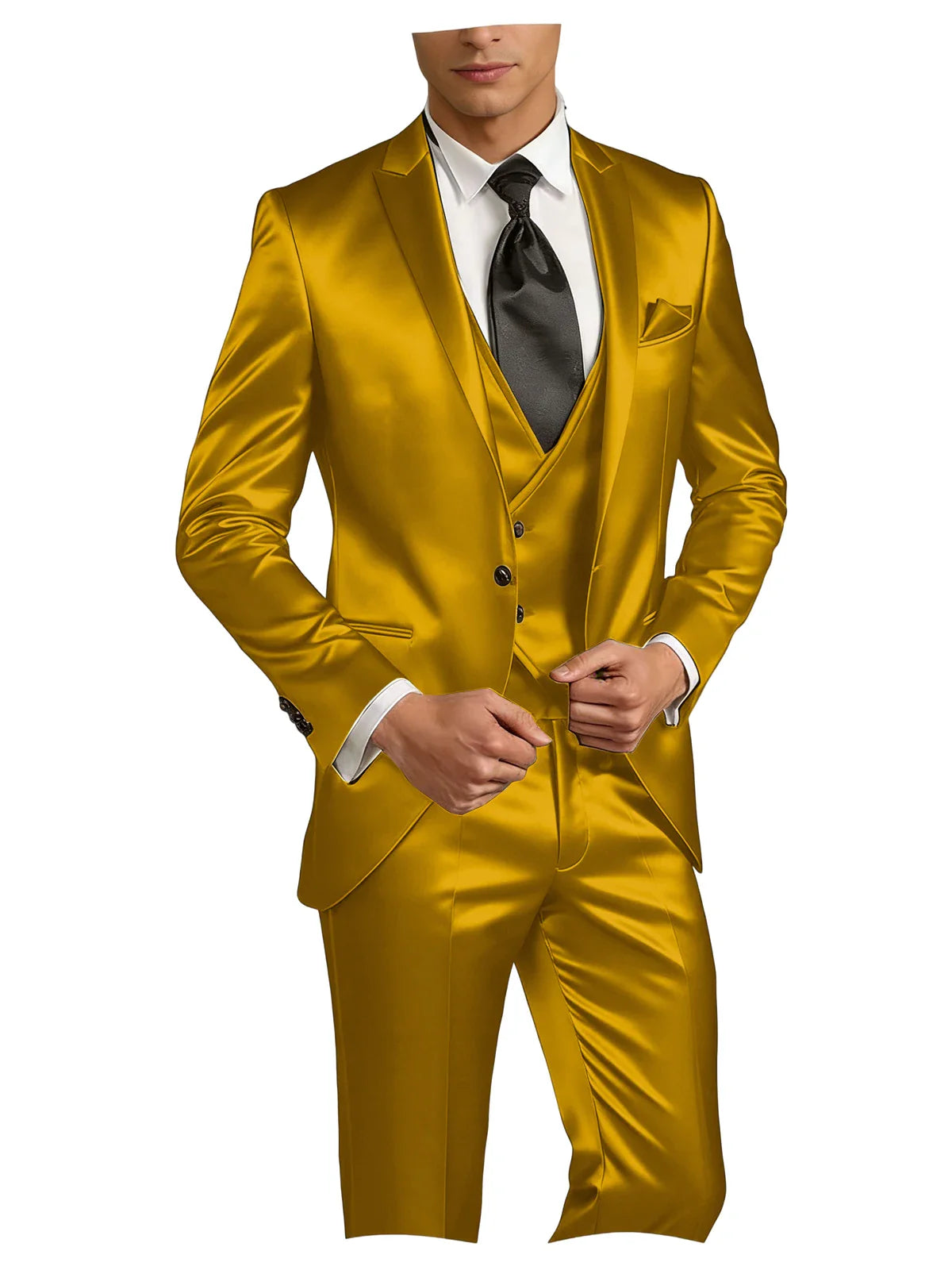 Luxury Men's Satin Suit 3 Piece Set Notch Lapel Slim Fit 1 Button Blazer Vest Pants for Formal Groom Groomsmen Prom Party