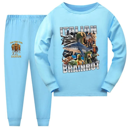 Italian Brainrot Meme Clothes Kids Cartoon Tung Sahur Pajama Sets Boys Long Sleeve Tops Legging 2pcs Set Girls Casual Sleepwear