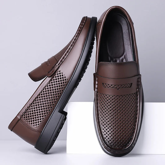 2026 Summer Mens Leather Loafers Slip on Casual Shoes Breathable Moccasins Comfortable Walking Office Flats Male Walking Shoes