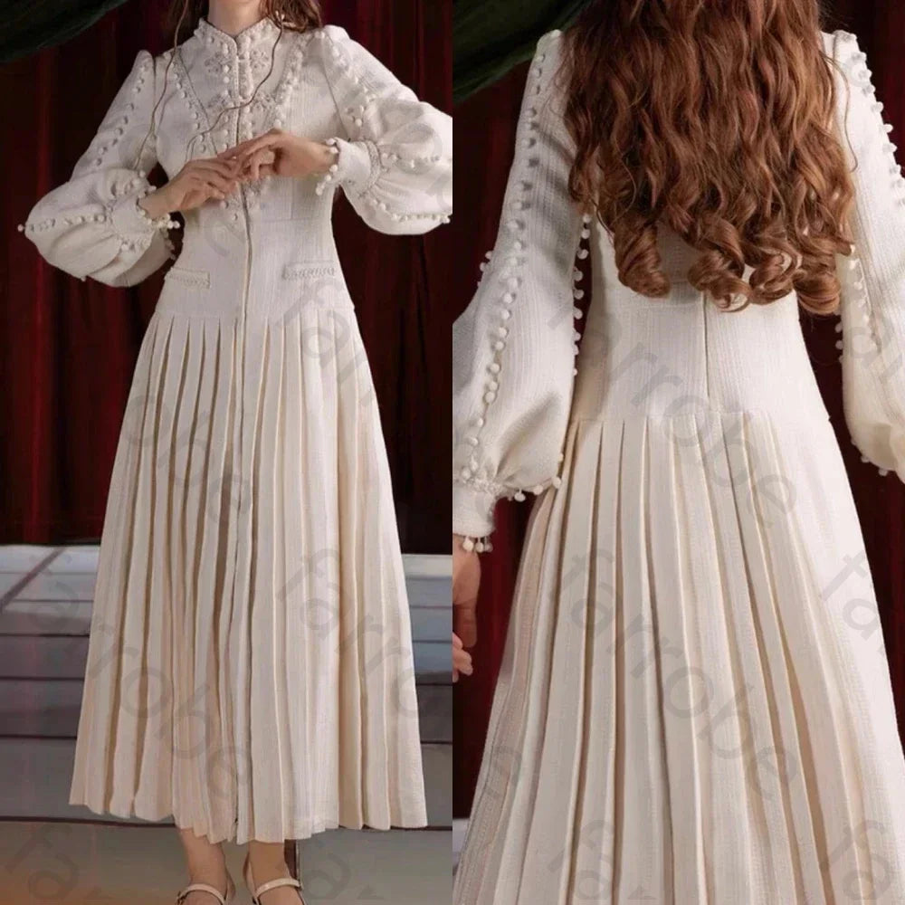Customized Elegant High Neck Long Sleeves Evening Dress A-line Button Party Gown Ankle-Length Dresses Gala for Special Occasion