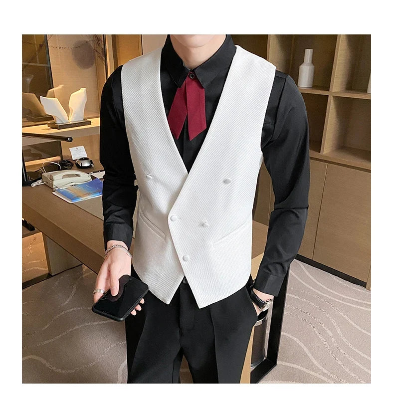 2025 New Fashion Men's Double Breasted Gentleman Dress Casual Vest Fashion Nightclub Bartender Work Clothes V Neck Vest Jacket