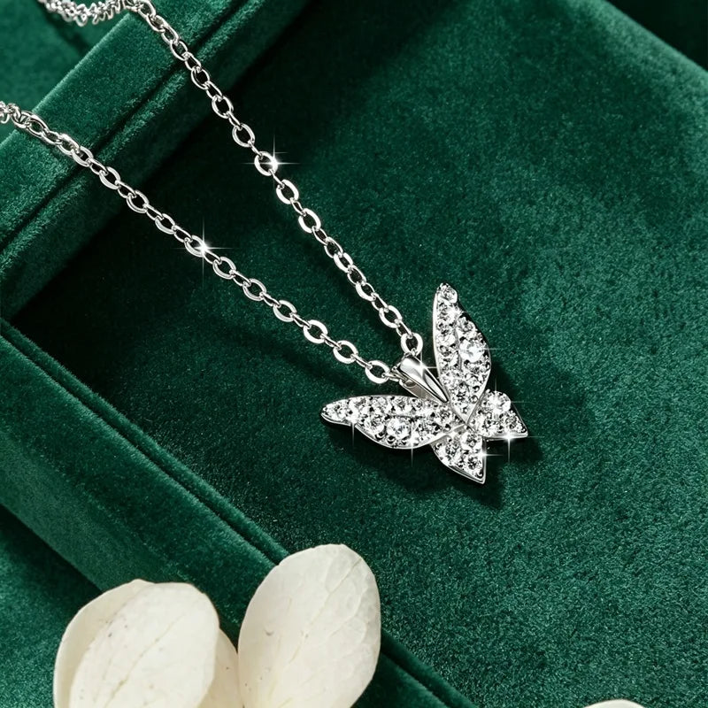 Sparkling 1.5mm Moissanite Necklace 14K Gold Butterfly Pendant Necklaces for Women Valentine's Day Jewelry Gift