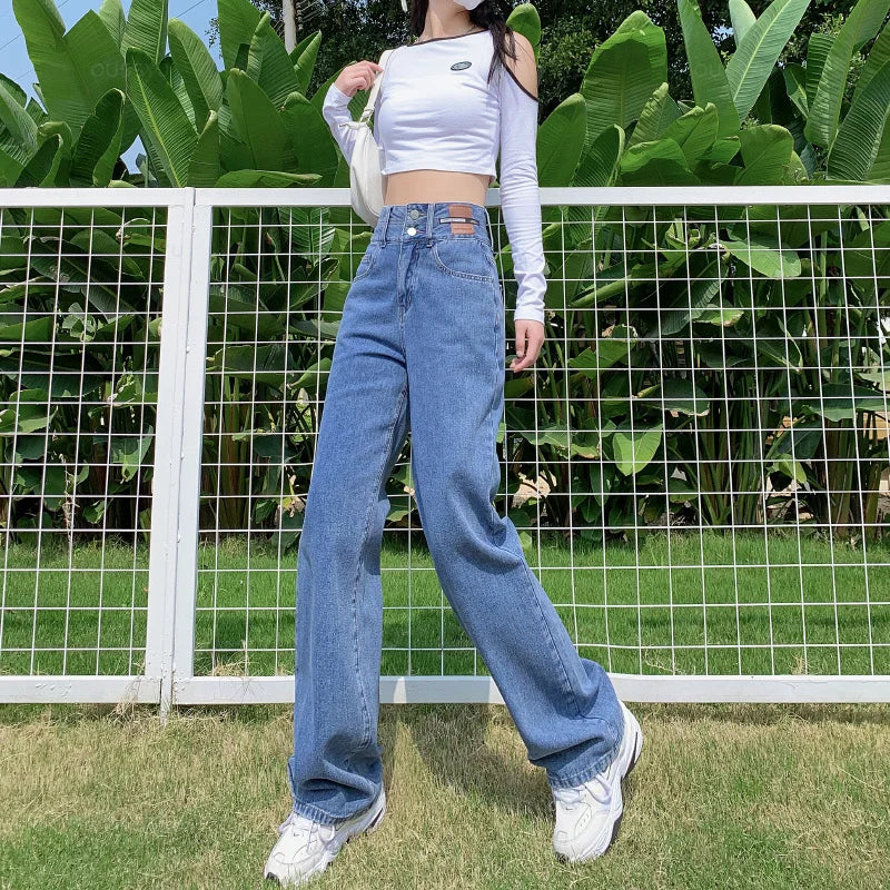 Y2K Woman Jeans High Waist Wide Leg Cotton Denim Clothing Blue White Streetwear Vintage Fashion Harajuku Straight Pants