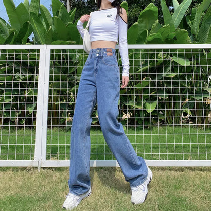 Y2K Woman Jeans High Waist Wide Leg Cotton Denim Clothing Blue White Streetwear Vintage Fashion Harajuku Straight Pants