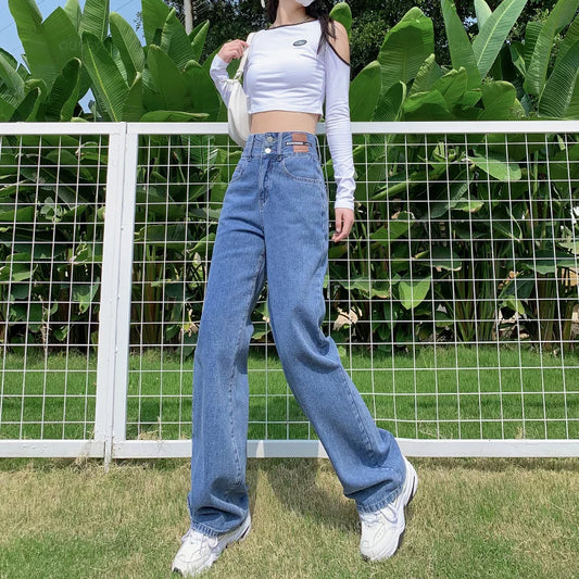 Y2K Woman Jeans High Waist Wide Leg Cotton Denim Clothing Blue White Streetwear Vintage Fashion Harajuku Straight Pants