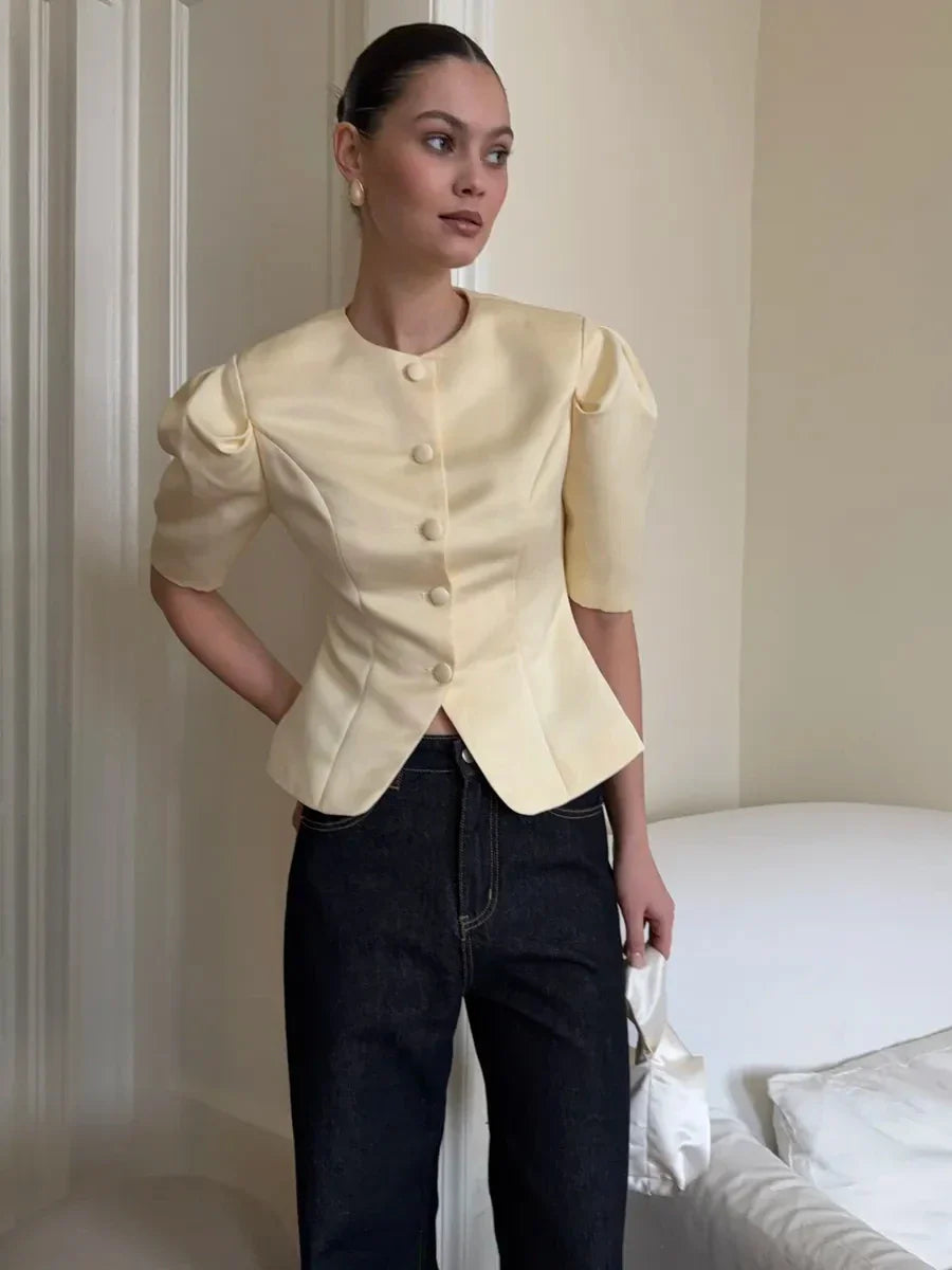 KT Elegant Satin Puff Sleeve Blouse for Women Round Neck Button Down Fitted Waist Asymmetric Hem Office & Formal Wear Tops
