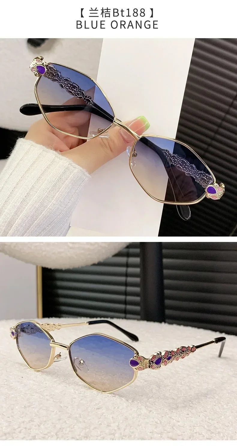 Retro Geometric Polygon Metal Frame Sunglasses with Colorful Enamel Temple Arms UV400 Trendy Women's Fashion Shades Gafas De Sol