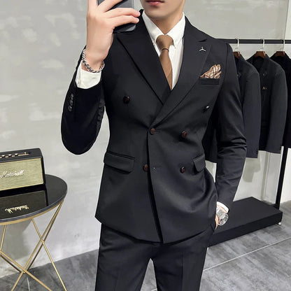 ( Blazers + Pants ) Boutique Fashion Solid Color Double-breasted Men's Casual Business Slim Suit 2-piece Set Groom Wedding Dress