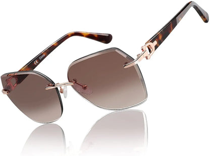 Fashion Women Rimless Sunglasses for Ladies Trendy Geometric Diamond Cutting Gradient Lens UV Protection Shades