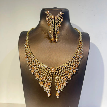 Luxury Cubic Zirconia 2pcs Pearl Necklacе Nigeria Dubai Bridal Wedding Jewellery Sets For Women Party  Accessories