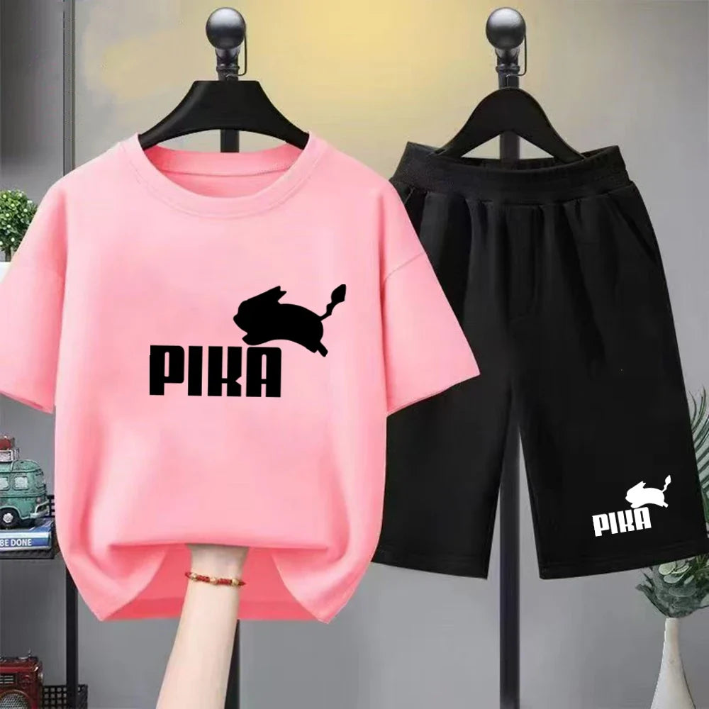 Summer Boy Girls Red Casual T Shirt Sets Rabbit Printed Kids Fashion Outfits Teen Children's Short Sleeve Tops Shorts 2pcs