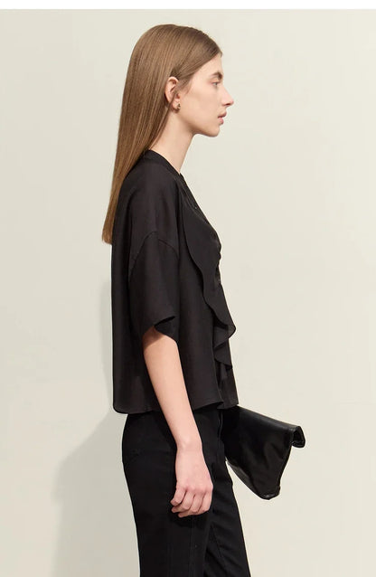 Minimalism 2025 Women Shirt Summer New Commuter Stand Collar Asymmetric Female Blouse Drop Shoulder Loose Tops 12422008