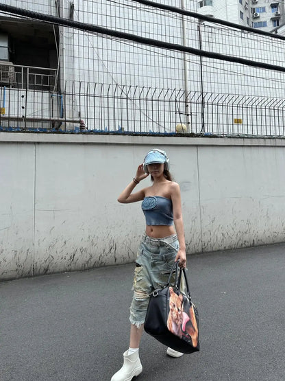 Women Y2k Ripped Jeans Harajuku Wasteland Style Baggy Denim Trouser Vintage Boyfriend Oversize Jean Pants Japanese 2000s Clothes