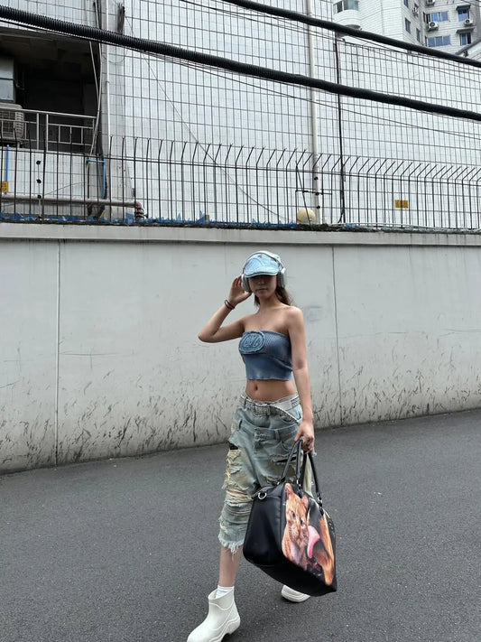Women Y2k Ripped Jeans Harajuku Wasteland Style Baggy Denim Trouser Vintage Boyfriend Oversize Jean Pants Japanese 2000s Clothes