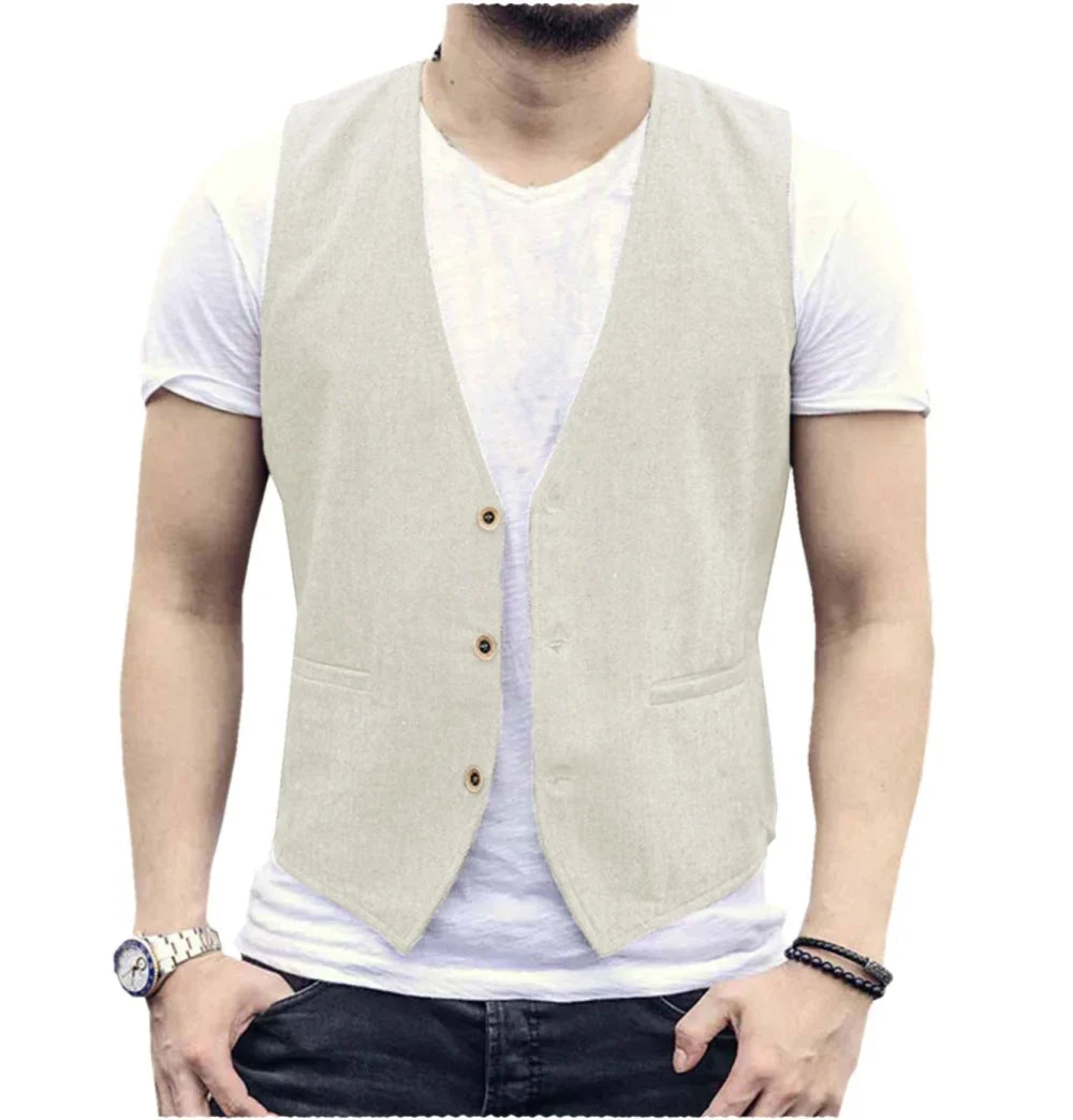 Men's Summer Linen Vest  V Neck Suit Waistcoat Casual Vest Regular Fit Men's Linen Vest