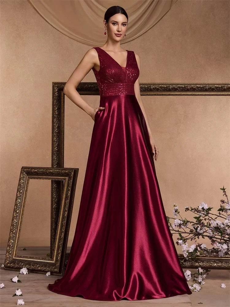 Elegant Sequins Evening Dress For Women 2024 Deep V-neck Satin Prom Party Green Dress Floor Length Blue Formal Gowns