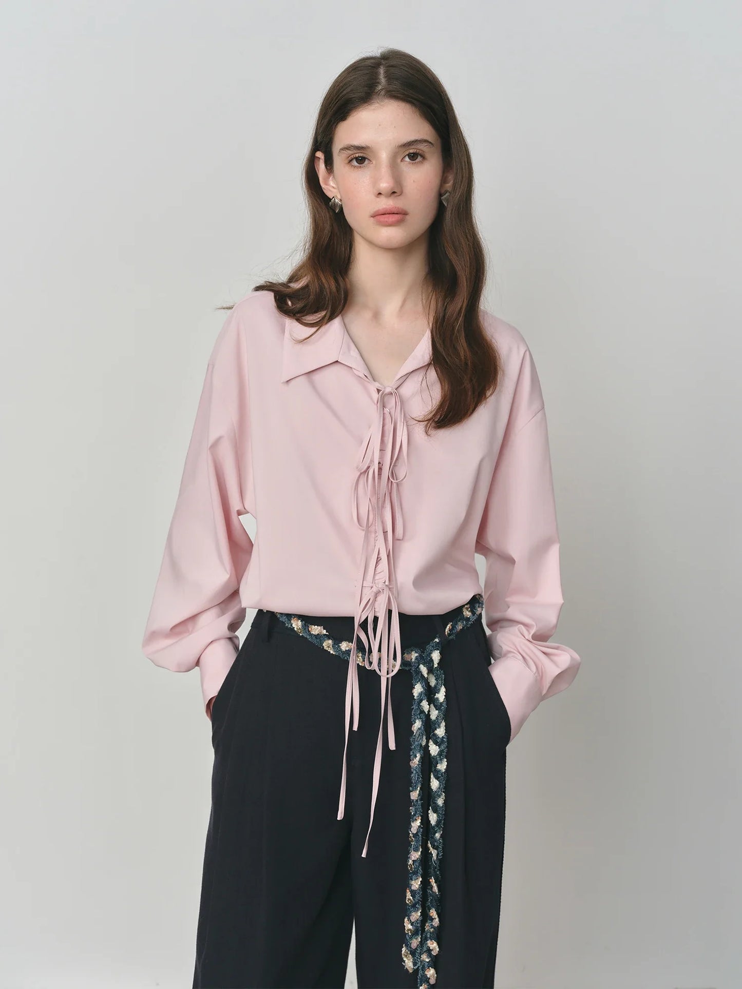 Autumn 2025 Women's French Inspired Blouse - Ruffle Trim Tie Front Loose Fit Shirt Collar Top Soft Blend Daily Wear